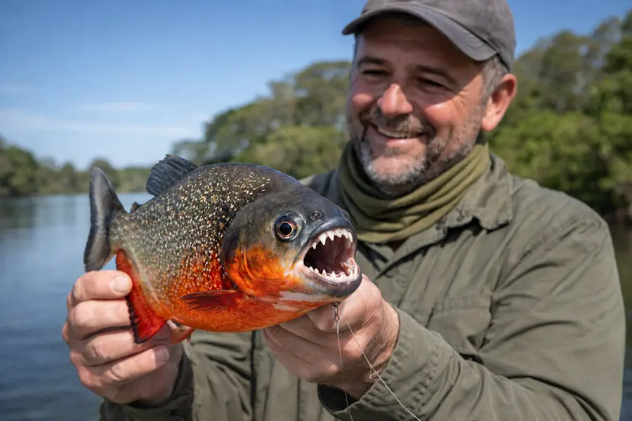 Ataque de Piranha: Mito ou Verdade? O Que a Ciência Diz Sobre o Perigo Real 2 Pescador manuseando piranha capturada com segurança em pescaria