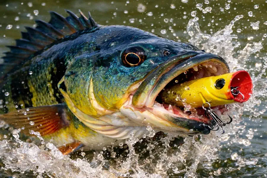 Isca Artificial de Superfície: O Guia Definitivo Para Ver Explosões na Água 25 Ataque de peixe em isca artificial de superfície durante pescaria esportiva