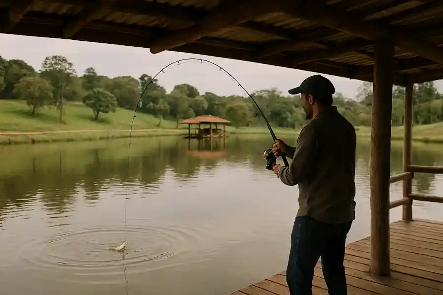 Pesque e Pague: O Que É, Como Funciona e Quanto Custa em 2026 2 Pescador utilizando estrutura de deck em pesque e pague