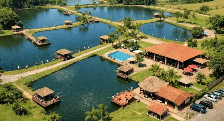 Estrutura completa de pesque e pague com lagos e área de lazer