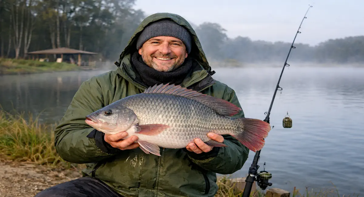 Tilápia gigante capturada com técnica de fundo em dia frio